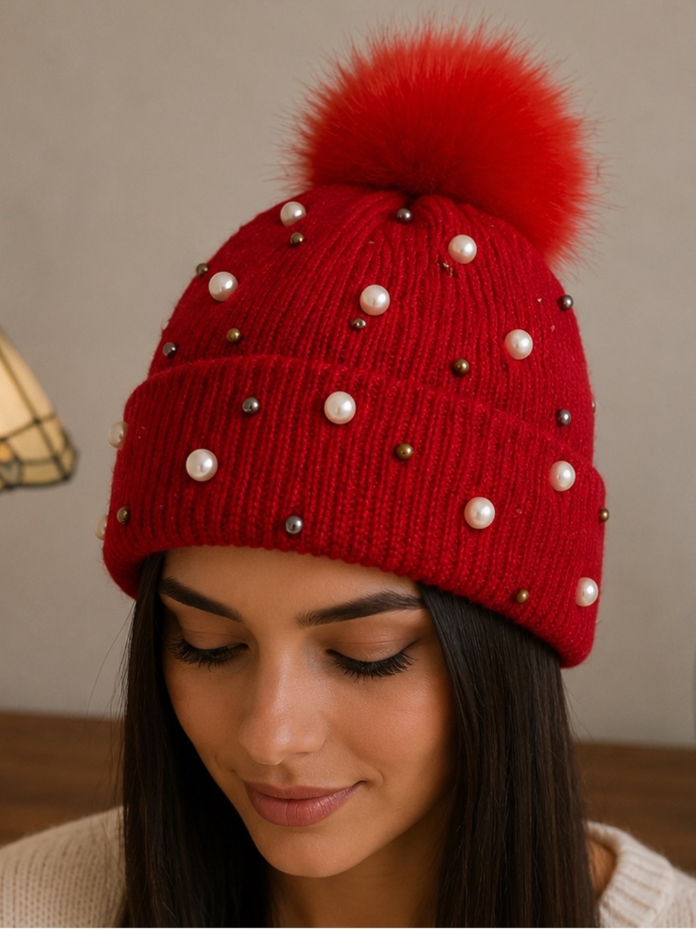 Unique Vintage Red Pom-Pom Beanie with Pearls